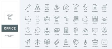 Dosyalarda ve çalışanların evrak çantalarında arşivlenecek evrak ve kırtasiye sembolleri, iş yerinde ve rozette dizüstü bilgisayarlar. Ofis işi ince siyah ve kırmızı çizgi simgeleri vektör illüstrasyonunu ayarlar