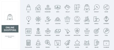 İndirim ve kuponlar, perakende mağazasından hediye almak için sepet, kredi kartı siparişi için ince siyah ve kırmızı taslak semboller, vektör illüstrasyonu. Çevrimiçi alışveriş ve dağıtım hattı simgeleri ayarlandı