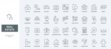 Açık artırmada veya temsilciden online alım, bina veya garajın kiralanması ve yenilenmesi, mülkiyet fiyatları ince siyah ve kırmızı semboller vektör ilüstrasyonunda artış. Emlak acentası çizgisi simgeleri ayarlandı