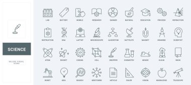 Bilimsel algoritmaların ana simgeleri ve kimya ve fizik, tıp ve eğitim sürecinde atılım. Bilim araştırması ince siyah ve kırmızı çizgi simgeleri vektör illüstrasyonunu ayarlar