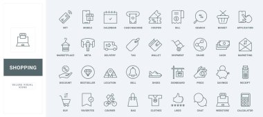 Web sitesi mağazasından bir tıklama, mağaza satışında indirim, kurye ince siyah ve kırmızı taslak sembollü siparişlerin teslimi, ödeme vektör çizimi. Çevrimiçi alışveriş çizgisi simgeleri ayarlandı