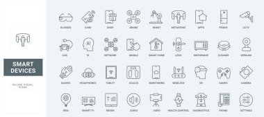 Akıllı ev ve araba için internet teknolojisi, ses ve video için cihazlar, sanal gözlük ve eldivenler ince siyah ve kırmızı çizgili semboller, vektör çizimi. Akıllı aygıtlar ve ekipman satırı simgeleri ayarlandı