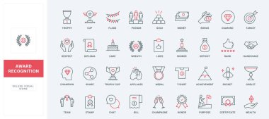 Tanınma ödülü ve ödül çizgisi simgeleri ayarlandı. Para ödülü ve ikramiye, çelenk ve altın kupa, erdem sertifikası ve madalya veya zafer başarısı ince siyah ve kırmızı ana hatlar vektör ilüstrasyonları
