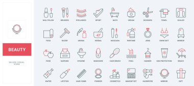 Güzellik malzemeleri ve kuaför salonu ya da ev bakım ürünleri seti. Moda parfümü ve aksesuarlar, sağlıklı yiyecekler, havlular ve plaj için kıyafetler ince siyah ve kırmızı çizgili semboller.