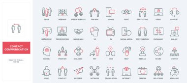 İş iletişim hattı simgeleri ayarlandı. Çakışma yönetimi ve takım diyaloğu, paylaşım ve fikir alışverişi, konuşma baloncukları ve sohbet mesajları ince siyah ve kırmızı ana hatlar vektör ilülasyonu