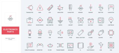 Elektronik bileşenler, elektrik devreleri ve aygıt hattı simgeleri ayarlandı. Mikroçip ve diyot, donanım transistörleri, kondansatörler ve rezistörler, ince siyah ve kırmızı ana hatlı vektör çizimleri