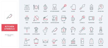 Mutfak ekipmanları ve çatal bıçak hattı simgeleri ayarlandı. Aşçılar yemek pişirmek için aksesuarlar, elektrikli aletler ve teraziler, kahve makinesi ve ince siyah ve kırmızı dış hatlar vektör çizimleri