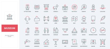 Müze antik sergi ve turist ziyaretleri için servis simgeleri belirlendi. Klasik sütun, heykel ve resim, kitap ve mücevher, müze personeli rozeti ince siyah ve kırmızı çizgili semboller vektör çizimi