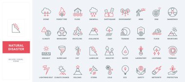 Doğal afet çizgisi simgeleri ayarlandı. Kazaların riski ve tehlikesi, seldeki deprem ve evden korunma, orman yangını ve fırtına, ince tsunami ince siyah ve kırmızı çizgili semboller vektör çizimi