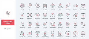 Dişliler çizgi simgelerinde ayarlandı. Yazılım güncellemesi ve programlaması, Al beyin fırtınası, fikir ve zamanın güvenliği ve korunması, çalışanların talimatları ince siyah ve kırmızı ana hatlar vektör çizimleri