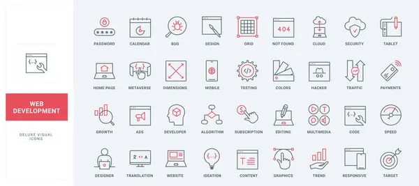 Web geliştirme, yazılım ve program kodları optimizasyonu, programcı satır simgeleri tarafından test ediliyor. Düzenleme ve tasarım oluşturma, ana sayfa içeriği ince siyah ve kırmızı ana hat sembolleri vektör illüstrasyonu