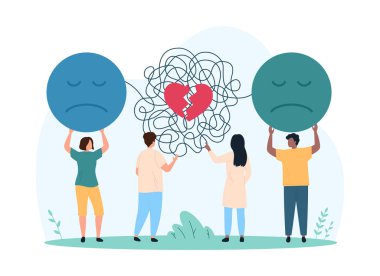 Boşanma ve ayrılık, çatışma ve kötü konuşma sorunu. Ufacık insanlar ellerinde üzgün emoji tutuyorlar. İletişim hattı karmaşası ve kırık kalp çizgi filmi çizimi olan kadın ve erkek.