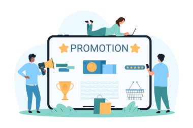 Kullanıcı, dijital pazarlama ve ekommerce için kişiselleştirilmiş iş ürünü reklamcılığı. Sosyal medya çizgi filmi vektör illüstrasyonunda bilgi ve müşteri incelemesi için tablet kullanan küçük insanlar