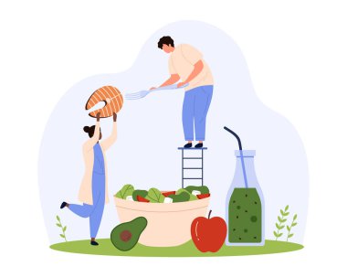 Sağlıklı gıda menüsü, sağlıklı yaşam ve vücut sağlığı için organik diyet. Çatallı küçük insanlar balık yer ve kaseden taze sebze salatası yer, şişe karikatür vektör çiziminde yeşil vitamin smoothie içerler.