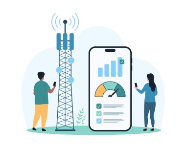 Yüksek hızlı internet sinyali, hızlı veri indirme. Küçük insanlar hızlı kablosuz bağlantı dosyaları yüklüyor, çevrimiçi hız göstergesi ile test seviyesi cep telefonu ekranı çizim çizimi
