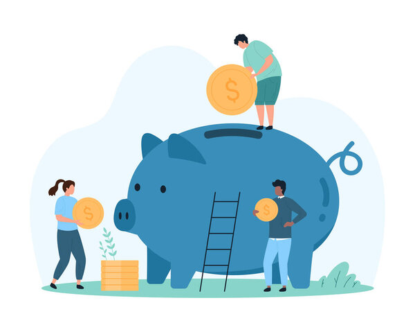 Финансовые инвестиции, банковские депозиты и сбережения, бюджетное планирование. Крошечные люди экономят золотые долларовые монеты в копилке, собирают наличные деньги дохода в сейфе свиньи копилку векторной иллюстрации