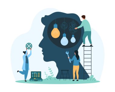 Yetenek eğitimi, yaratıcı fikirler yaratma ve geliştirme, akıl hocalığı. Minik insanlar insan kafasının içinde asılı ampul kablolarını çözer, problem basitleştirme karikatür vektör çizimi üzerinde çalışırlar.