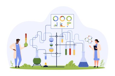 Kimya laboratuvarı araştırması, moleküler yapı araştırmalarının bilimsel deneyi. Minik insanlar çalışma ve test reaksiyonları, laboratuvar cam karikatür vektör ilülasyonunda kimyasal sıvının ayrışması