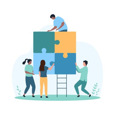 Çözüm ve yaratıcı proje organizasyonu, başarı işbirliği inşaat ve ortaklık inşaatı. Küçük insanlar kare şeklinde yapboz yapar, yapboz parçalarını karikatür vektör illüstrasyonuna bağlarlar