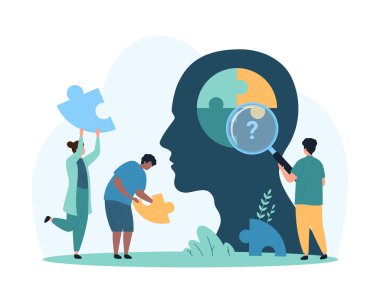 İnsan düşüncesi ve kimlik oluşturma, psikoloji ve yaratıcı çözümler. Küçük insanlar kafalarının içindeki bulmacaya büyüteçle bakıyorlar, ellerinde eksik yapboz parçası vektör çizimleri var.