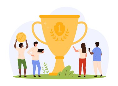 Zafer için altın kupa ödülü. Küçük insanlar şampiyonluk ödülü kazandı, karakterler altın kadehle ve çizgi film çizimi ile kaliteli pulla birinciliğin başarısını kutladılar.