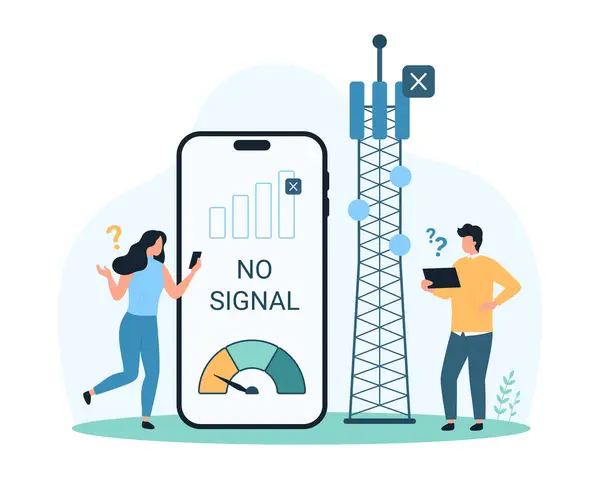 Zayıf ya da zayıf, çevrimdışı internet sinyali, telekomünikasyon anteni hatası, kablosuz yönlendirici. Telefon ekranı çizim çizelgesinde hız göstergesinde kayıp ya da kötü sinyali olan küçük insanlar
