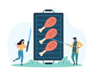 BBQ yemek pişirme, sıcak tavuk ya da hindi budu ızgara. Küçük insanlar ızgarada çatal bıçakla bacak kızartıyorlar, karakterler piknik partisi çizgi film çizimlerinde kızarmış et pişiriyorlar.