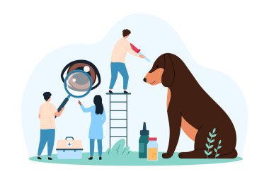 Veteriner hastanesinde evcil hayvan muayenesi. Büyüteç köpekleri olan küçük insanlar göz sağlığı, veteriner hayvan çizgi film çizimleri için göz damlası uyguluyor.