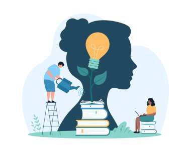 Yetenek eğitimi, yaratıcı düşünme ve profesyonel nitelik geliştirme. Ampulü sulayan küçük insanlar insan kafasının siluetinin içinde açık bir kitaptan büyüyen çizgi film vektör çizimleri yapıyorlar.