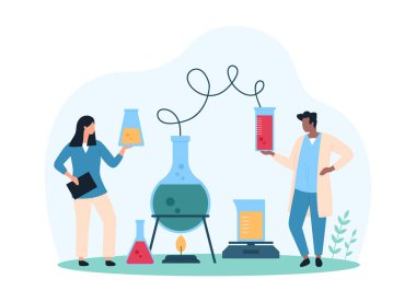 Cam mataralarla laboratuvar kimyası deneyi. Küçük insanlar sıvı reaksiyonlarının kimyasal reaksiyonunu laboratuvar camları, boru bağlantıları, tutucu ve yakıcı ile karikatür vektör çizimi için test ederler.