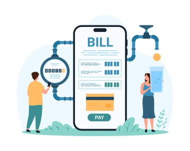 Mobil uygulama kullanarak su tedariği için ödeme. Küçük insanlar boru hattı sistemindeki su tüketimini ölçüm cihazlarıyla kontrol ediyor, telefon ekranındaki karikatür çiziminde kredi kartıyla fatura ödüyor