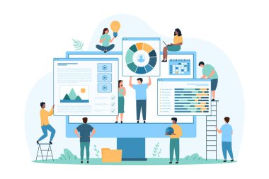 Çevrimiçi web sitesi geliştirme, planlama ve site kullanılabilirliği fikri. Bilgisayar ekranında ampul, video içeriği ve grafikleri olan yazılım pencereleri tutan küçük insanlar