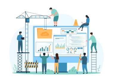 Web sitesi oluşturma. İnşaat vinci olan küçük insanlar yeni bir portal ya da ana sayfa inşa ederler, bilgi tablosu, veri dizini ve kodlama çizimleri çizimleri ile dijital ürün oluştururlar.