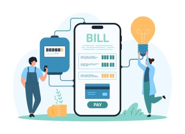 Elektrik faturası çevrimiçi, mobil uygulama hizmeti. Küçük insanlar elektrik sayaçlarını ve faturaları akıllı telefon ekranından kontrol ederek ev tüketimi çizgi film çizimleri çizimini karşılıyorlar.