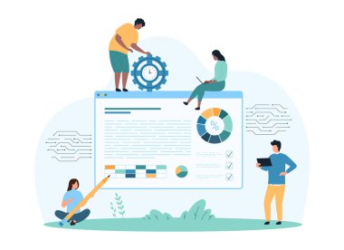 Veri analizi, birleşik yapay zeka analizleri. Küçük insanlar istatistik şemalarını, grafiklerini ve grafiklerini dijital analitik servisi ve yazılımıyla analiz eder, yapay zeka çizgi film vektör ilüstrasyonuna yardım eder.