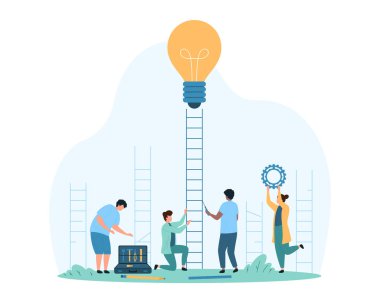 İyimserlik, yaratıcı fikirlerin geliştirilmesi, çalışanlardan oluşan bir ekip için hedef başarı. Küçük insanlar sarı ampulü açan merdivenleri tamir eder, verimli bir çözüm çizimi çizer.