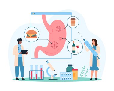 Fast food ve alkolün mide sağlığı üzerindeki kötü etkileri. Küçük insanlar sağlıksız yiyeceklerin mide hasarı hakkında bilgi içeren tıbbi diyagramlar üzerinde çalışıyorlar. Doktorlar tehlike çizgi filmi çizimleri hakkında uyarıyorlar.