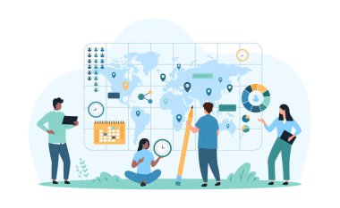 Sosyoloji ve demografi, nüfus veri analizi. Dünya haritasındaki sosyal grupların küresel konumunu kalem araştırması yapan küçük insanlar, sosyologlar istatistik istatistikleri, karikatür vektör çizelgelerini analiz ederler.