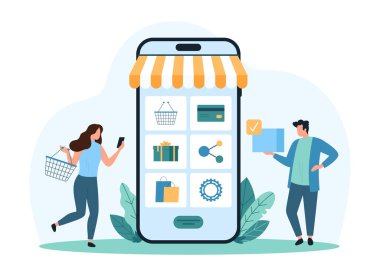 Mobil uygulama ile online alışveriş. Küçük insanlar kategori ve perakende mağaza menüsünde hediyeleri büyük bir akıllı telefon ekranında seçiyorlar. Alışveriş arabalı müşteriler, telefon karikatür çizimi resimli ürünler alıyorlar.