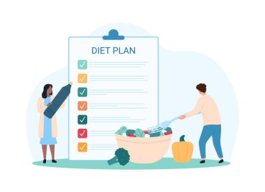 Kilo verme programı, beslenme uzmanının yardımıyla diyet planlaması. Sağlıklı yemek yemek için çatal tutan küçük insanlar ve pano çizgi film çizimleri üzerinde diyet listesini vurgulamak ve kontrol etmek için işaretleyici