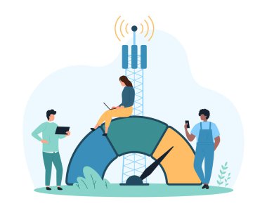 Yüksek hızlı internet sinyal ölçümü ve ağ optimizasyonu. Küçük insanlar sunucu bağlantısını akıllı hız göstergesi paneliyle test ederler, mobil uygulamalar ve anten çizgi film vektör çizimi ile çalışırlar