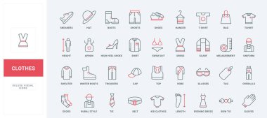 Günlük kıyafetler ve ayakkabılar, erkek, kadın ve çocuk çizgisi simgeleri. Spor ayakkabıları ve pantolonlar, elbise ve bikini, ince siyah ve kırmızı çizgili çizgili vektör çizimleri giyecek kadın giysisi.