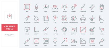 Beyin fırtınası yaratıcı fikir, düzenleyici araçları, yazılım ayarları çizgi simgeleri seti. Dijital grafik tasarımı, multimedya içeriği için mıknatıs ince siyah ve kırmızı ana hat çizim sembolleri