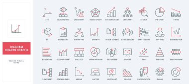 İstatistiksel grafik ilerlemesi, finansal kar artışı, çizgi simgelerinin artması ve azaltılması. Oklu, daireli ve çubuklu bilgi grafikleri ince siyah ve kırmızı ana hatlı vektör çizelgeleri