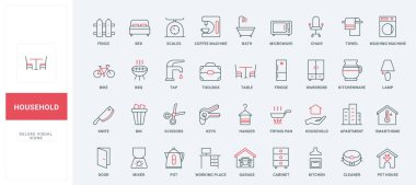 Ev aletleri, yemek pişirmek için mutfak aletleri ve elektrikli alet hattı simgeleri. Yurt içi akıllı cihazlar, ofis mobilyaları ve makineler ince siyah ve kırmızı ana hatlar vektör çizimi