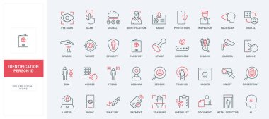 Kullanıcı kimliği, kimlik kartı ve çalışan rozeti, biyometrik tanıma çizgisi simgeleri ayarlandı. Göz ve parmak izi taranıyor. Yüzü tarayıcı karesinde. İnce, siyah ve kırmızı çizgili semboller.