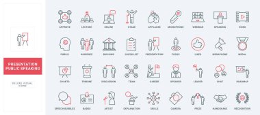 Çevrimiçi konferans ve sahnede konuşma, konferans salonu eğitimi, seyirci satırı simgeleri için konferans ayarlandı. Sohbet baloncukları, liderlik kariyeri, ince siyah ve kırmızı ana hatlar, vektör çizimleri.