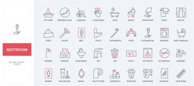 Tuvalet ve banyo, hijyenik ekipman ve deterjanlar, kozmetik ürünleri seti. WC ve duş piktogramı, tuvalet yolu bulma, temizlik aracı ince siyah ve kırmızı ana hat çizim sembolleri vektör çizimi