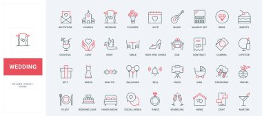Düğün ve evlilik çizgisi simgeleri hazır. Gelin ve damat, hediyeler ve düğün pastası, balayı yolculuğu ve düğün için çiçek buketi, havai fişekler ince siyah ve kırmızı çizgili semboller vektör çizimi