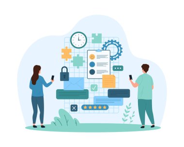 Program planlaması, randevuların organizatörü, takvim mobil uygulamasındaki iş görevleri. Küçük insanlar planlayıcı ve anımsatıcı ile çalışır, karikatür vektör ilülasyonuna toplantı, e-posta ve mesajlar ekleyin